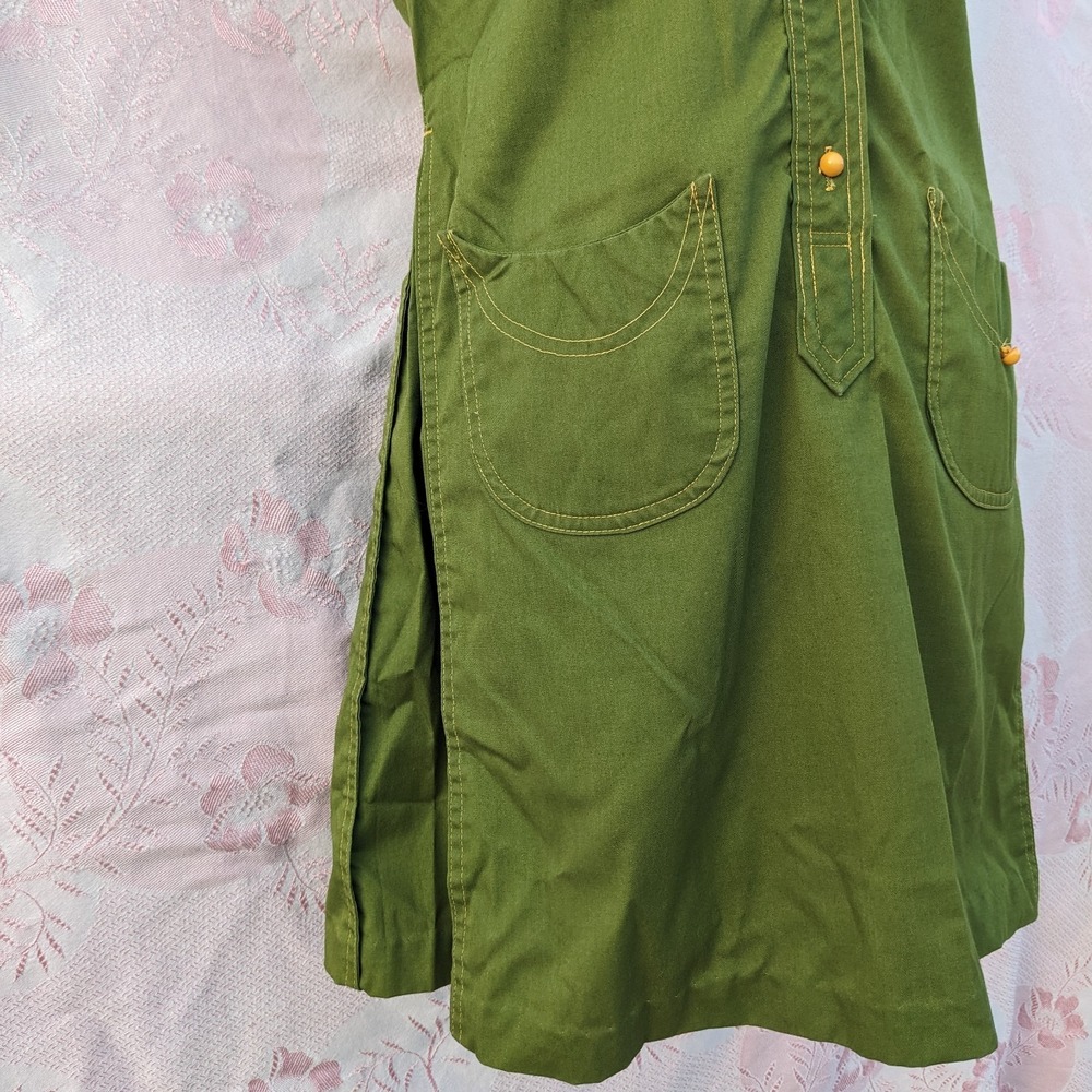Vintage 60s 70s Mod Mini Dress M Olive Green Button Front Shift Twiggy Utility - Picture 6 of 14